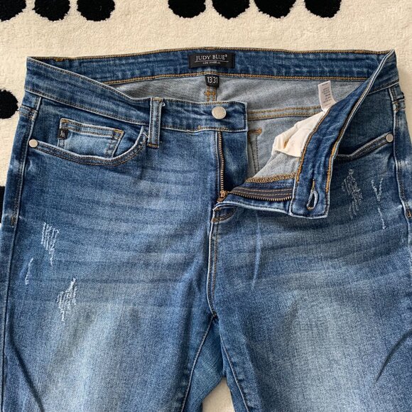 Judy Blue Mid Rise Dark Wash Distressed Stretch Denim Skinny Jeans - Picture 3 of 13